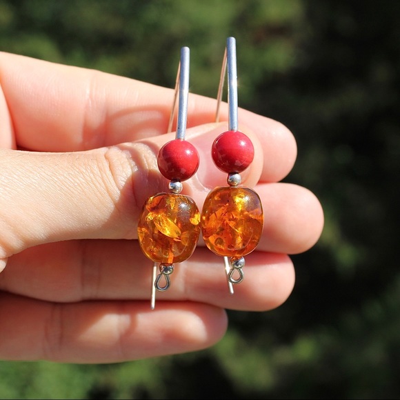 Amber & Red Jasper Sterling Silver Drop Earrings Long Ear Wire - Picture 4 of 4